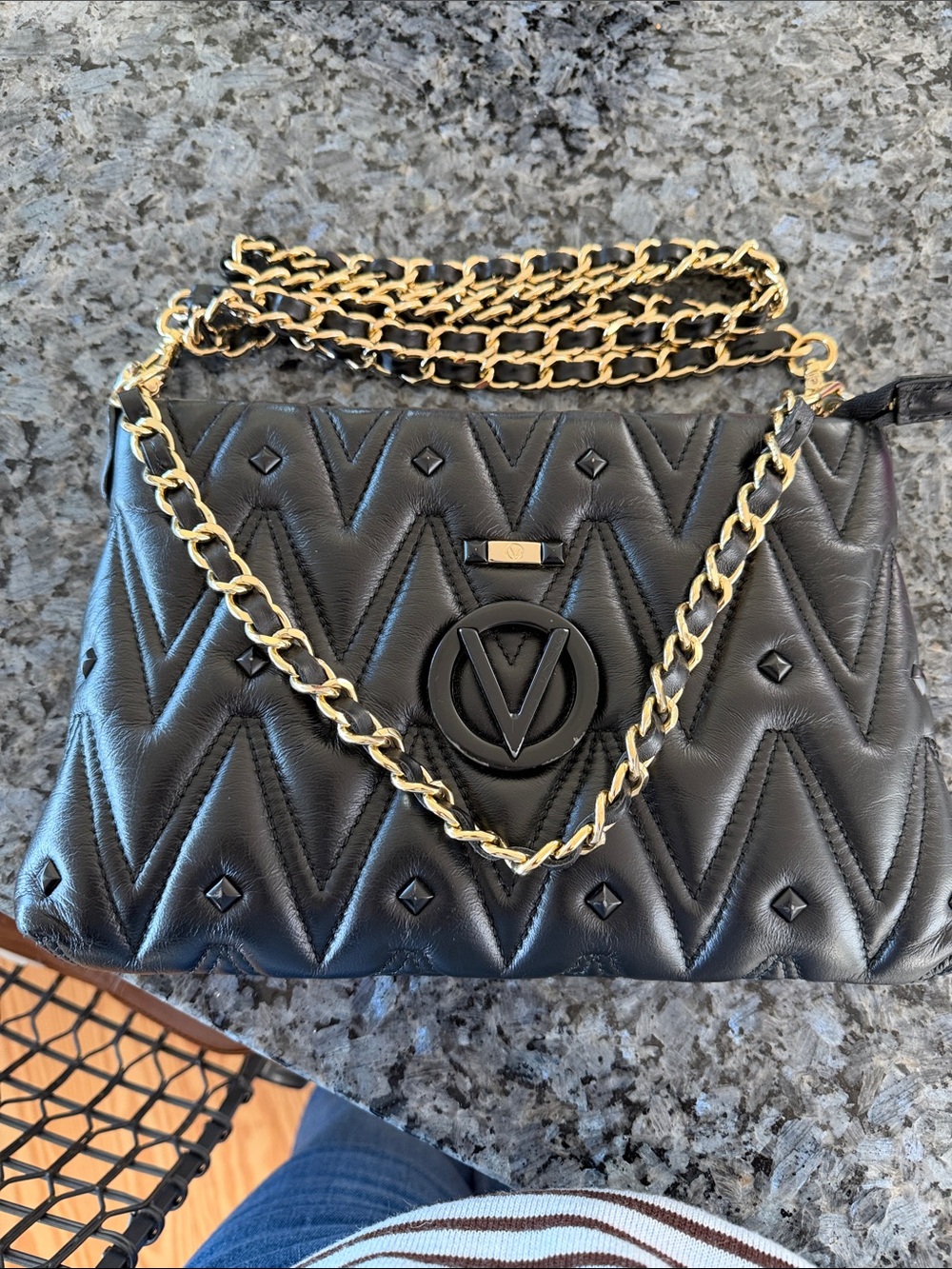 Valentino Black Quilted Leather Chain Crossbody Bag with Gold Hardware